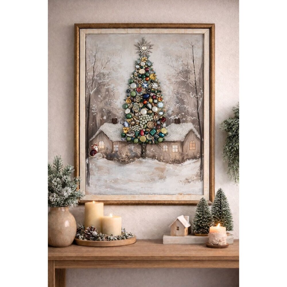 Designs By Betty Jewelry Art Christmas Tree Cabin Scene 14" X 17" Logo Signed